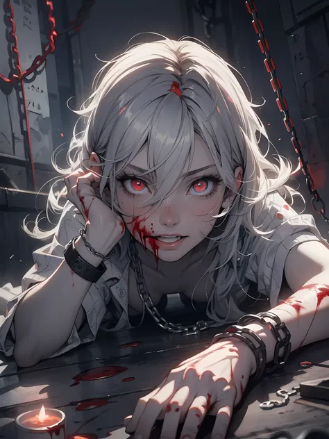 masterpiece, best quality, 1 girl, supine, lying face down on the floor, pale skin, messy hair, red eyes, glowing eyes, creepy, ...