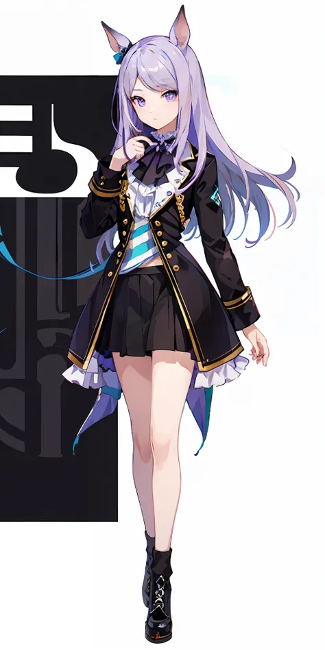 女の子1人、purple color  hair(long)、a purple eye、beautiful eyes、marl、black skirt、black jacket、racing wear、