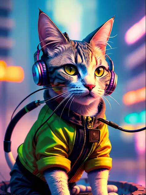 a cat with headphones and a jacket is sitting on a large lily leaf in a fountain. cyberpunk and post-soviet modernism  style the...