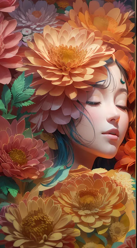 (illustration: 1.3), paper art, 3D rendering of, Colorful background, (Beautiful side face, closing her eyes: 1.3), (Rose: 1.2) (chrysanthemums: 1.2), Colorful, Best quality, Detailed details, Masterpiece, offcial art, movie light effect, 4K, Chiaroscuro ,...