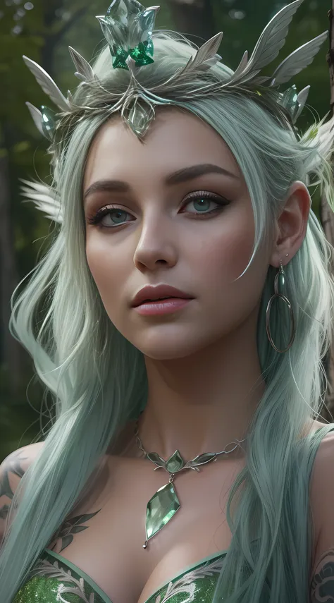 queen of nature, rooty eyes, silver green hair, sparkling green eyes, beautifull goddess face, tattoo, earrings, crowned, choker...