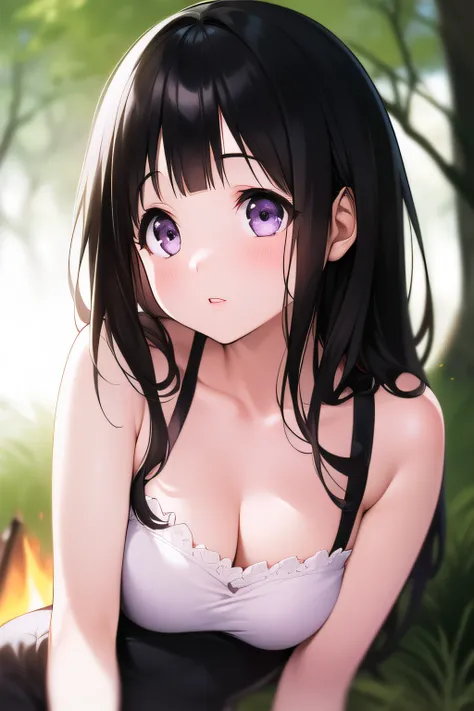 (A superb exquisite Chitanda Eru), purple eyes, black hair, natural straight hair, straight bangs, solo, (camping), nature, (campfire), extremely delicate, straight facial features, peerless beautiful girl, soft, (sensual face), ((ecchi face)), dreamy qual...