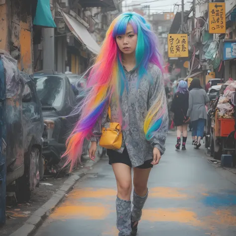 araffe with colorful hair walking down a street in a city, grungy woman with rainbow hair, colourful long hair, with sprouting r...