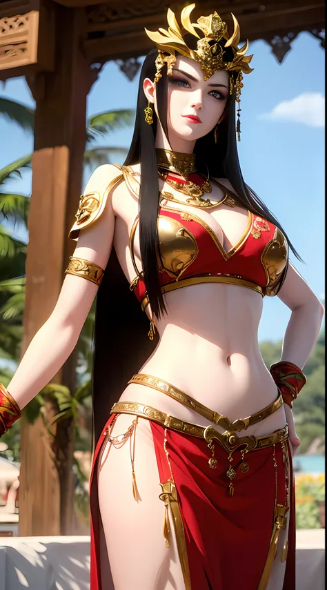 1girl, outdoors, black hair, blue eyes, breasts, eyewear on head, from side, hair slicked back, hands on own hips, large breasts, long hair, long skirt, looking back, narrow waist, sarong, smile, solo, standing, sunglasses, floral pattern on sarong, ((mast...
