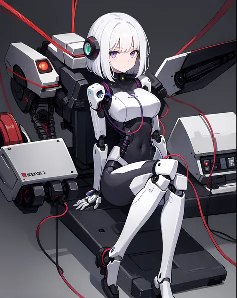 1girl, beautiful face, pale skin, white hair, bob cut, wavy hair, purple eyes, robotic body, full body, sitting, wires, robotic ...