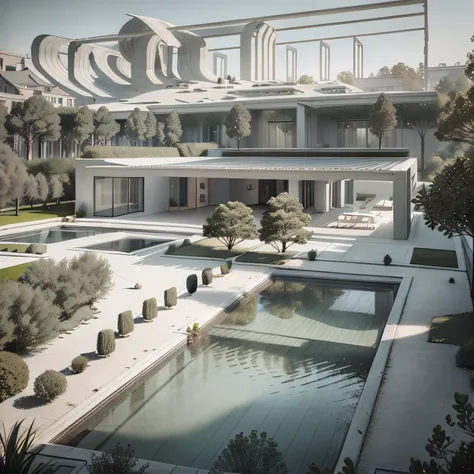 Organic modern architecture on a fairly large plot, from , there is a swimming pool in the middle of a large house of a flower, color of the house in chocolate brown and black beams, large modern residence, flat roofs and garden, render luxcore, render okt...