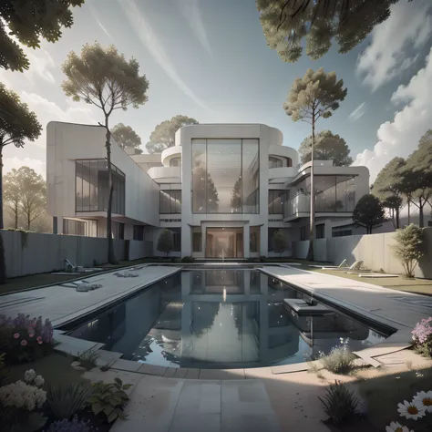 Organic modern architecture on a fairly large plot, from , there is a swimming pool in the middle of a large house of a flower, color of the house in chocolate brown and black beams, large modern residence, flat roofs and garden, render luxcore, render okt...
