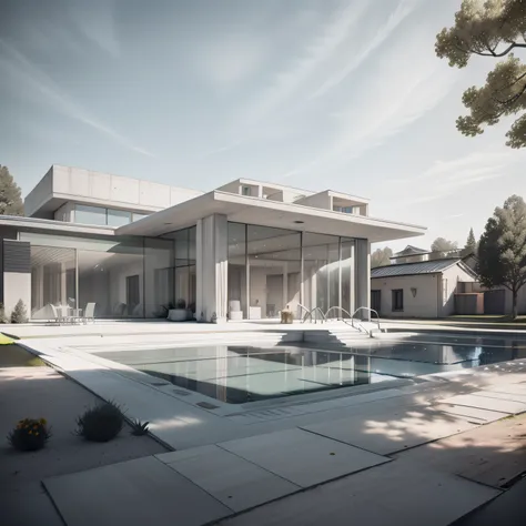 Organic modern architecture on a fairly large plot, from , there is a swimming pool in the middle of a large house of a flower, color of the house in chocolate brown and black beams, large modern residence, flat roofs and garden, render luxcore, render okt...