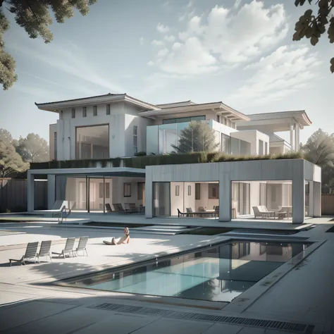 Organic modern architecture on a fairly large plot, from , there is a swimming pool in the middle of a large house of a flower, color of the house in chocolate brown and black beams, large modern residence, flat roofs and garden, render luxcore, render okt...