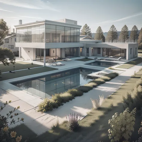 Organic modern architecture on a fairly large plot, from , there is a swimming pool in the middle of a large house of a flower, color of the house in chocolate brown and black beams, large modern residence, flat roofs and garden, render luxcore, render okt...