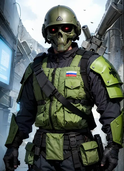 A modern armed soldier with white skull face mask, vibrant red colour on his eyes, Spetsnaz, Russian flag badge on his left chest, armor plate, vest, wearing a helmet with thermal vision, fully armed, dark atmosphere, sci fi, 1model, modern soldier, black ...