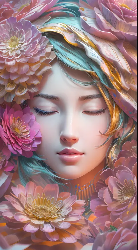 illustration: 1.3), paper art, 3d rendering of, colorful background, (beautiful side face, closing her eyes: 1.3), (rose: 1.2) (...