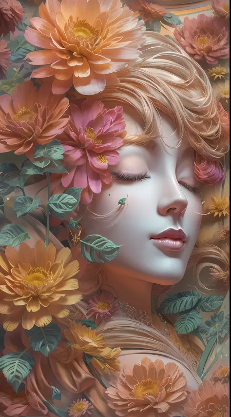 illustration: 1.3), paper art, 3d rendering of, colorful background, (beautiful side face, closing her eyes: 1.3), (rose: 1.2) (...