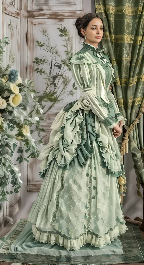 There is a beautiful woman, loira de olhos azuis, (em um vestido branco), (Terno estilo Victoria), 1 8 7 0 s Seasonal clothing, roupas vitorianas, victory, Vestido vitoriano, 1 8 8 0 s estilo, em aristocrata vitoriano, usando roupas vitorianas, Intrincado ...
