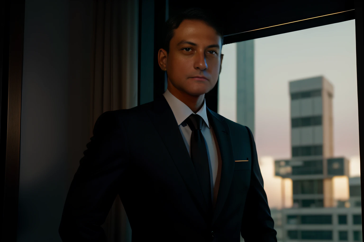 A full-length man leaning against a street window in a black Japanese business suit with gold accents staring at the window at dusk, intrincado, cinemactic, ultra realistic, hiper detalhado, 8k, gentle expressions, Beautiful, Estilo Greg Rutkowski e Borris...
