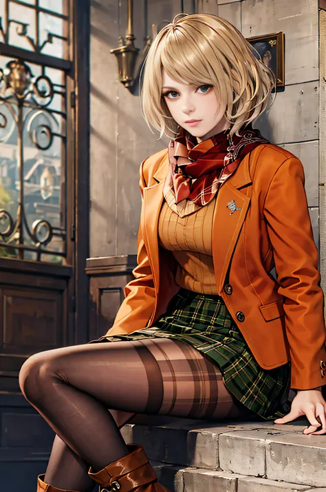 beautiful, masterpiece, best quality, extremely detailed face, perfect lighting, 1girl, blonde, re4ashley, orange jacket, scarf,...