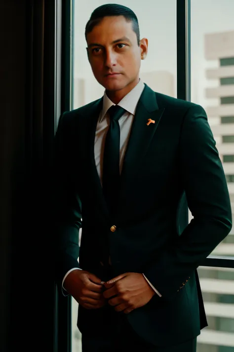 a full-length man leaning against a street window in a black japanese business suit with gold accents staring out the window at ...