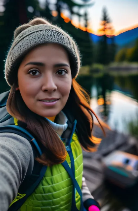 arafed woman with backpack taking a selfie in front of a lake, cinematic portrait, 50mm portrait, 60mm portrait, centered portrait, atmospheric portrait, perfectly centered portrait, 7 0 mm portrait, perfect portrait composition, close - up portrait shot, ...