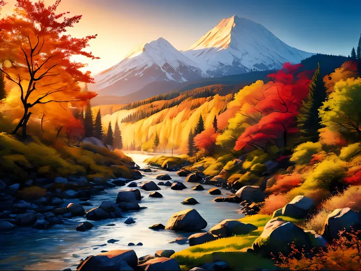 white background, scenery, ink, distant mountains, water, trees, rocky river banks, autumn