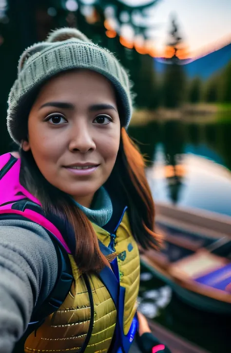 arafed woman with backpack taking a selfie in front of a lake, cinematic portrait, 50mm portrait, 60mm portrait, centered portrait, atmospheric portrait, perfectly centered portrait, 7 0 mm portrait, perfect portrait composition, close - up portrait shot, ...