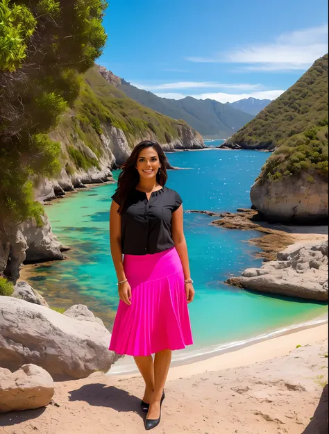 atractiva mujer de cuerpo entero, wearing a bright pink blouse and black skirt posing in a beach, (escote), obra maestra, la mej...