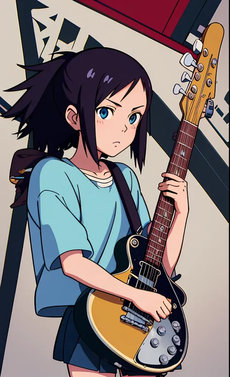 Haruko Haruhara from FLCL holding a blue Rickenbacker 4001, Soul Eater style, by Isaac quek (30%), by studio Ghibli (50%), by Ilya Kuvshinov (20%), masterpiece, highres, 4k, digital art, anime style, detailed eyes, detailed body, simple background