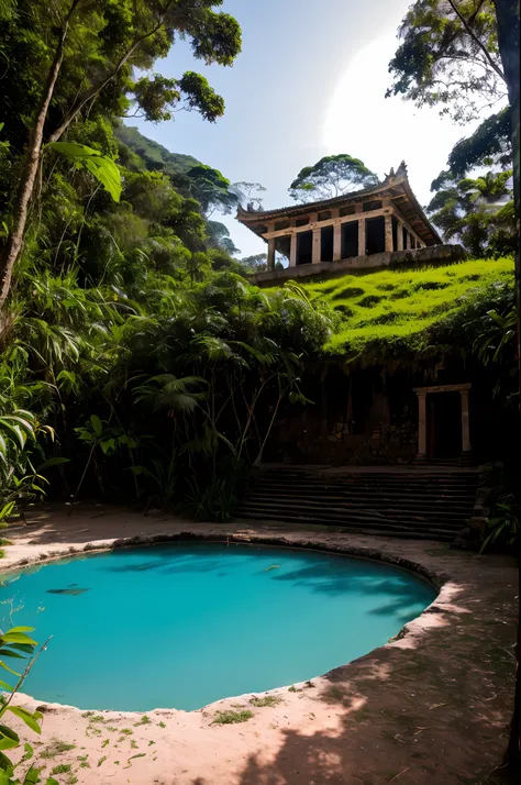fotorrealista, ((Perfect lighting)), (Contre-Jour), (Fujifilm XT3), (camera f1.6 lentes), (volumetric illumination), (rewarded photography):Incredible pre-Hispanic old building in the middle of an intense turquoise lagoon, Temple of Quetzalcoatl, Detalles ...