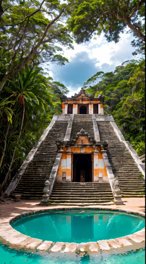 fotorrealista, ((Perfect lighting)), (Contre-Jour), (Fujifilm XT3), (camera f1.6 lentes), (volumetric illumination), (rewarded photography):Incredible pre-Hispanic old building in the middle of an intense turquoise lagoon, Temple of Quetzalcoatl, Detalles ...