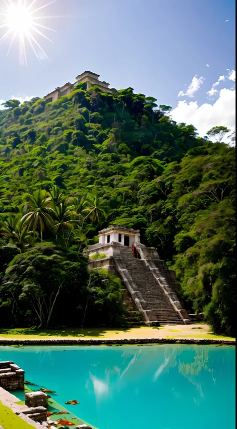 fotorrealista, ((Perfect lighting)), (Contre-Jour), (Fujifilm XT3), (camera f1.6 lentes), (volumetric illumination), (rewarded photography):Incredible pre-Hispanic old building in the middle of an intense turquoise lagoon, Temple of Quetzalcoatl, Detalles ...