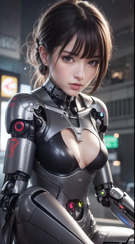 (kpop idol:1), 1girl, 18 yo, (sexy:1), fit, hot, (slim body:1.2), pale skin, (seductive:1.3), (dark hair:1.4), (small breasts:1.3), (looking at viewer:1), (half body:1.5), (sitting:1.4), futuristic, cybernetics, cyberpunk, (cyborg:1.2), (robot arms:1.4), (...