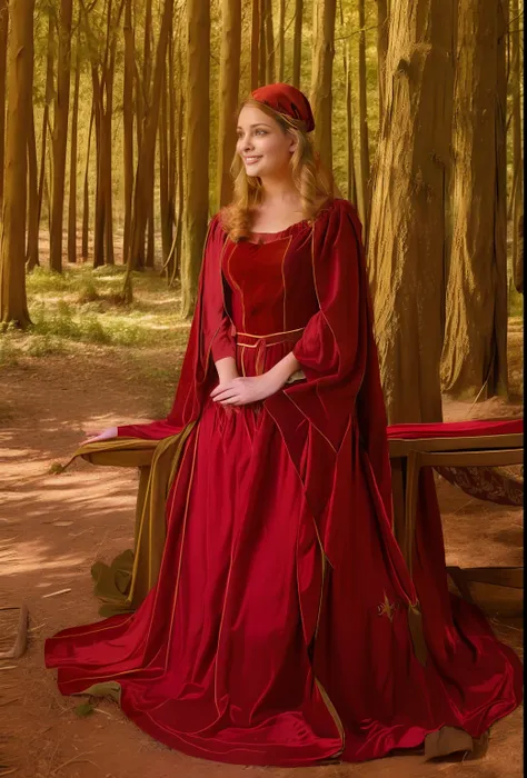 mulher em um vestido vermelho sentada em um banco em uma floresta, princesa medieval, vestes medievais, traje medieval, vestido ...