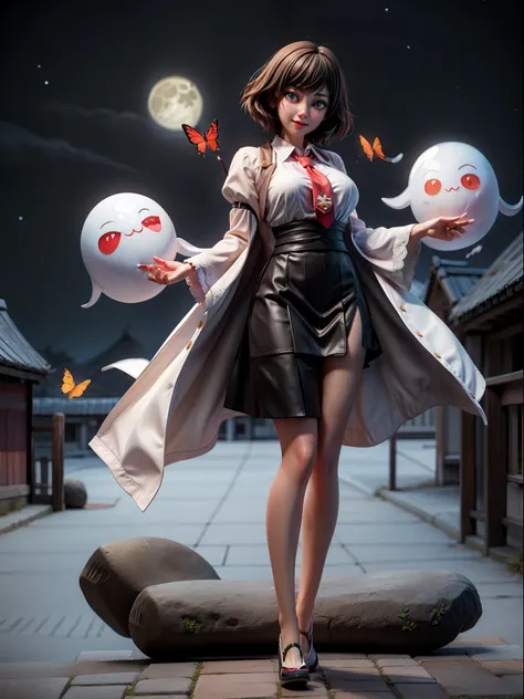 {((1 woman))}, {((wearing school suit with red skewer with tie, short black skirt, white stockings)), ((extremely large breasts)), ((very short black hair, blue eyes)) looking at the viewer, smiling, very happy, ((exhibitionist pose leaning back)), ((in an...