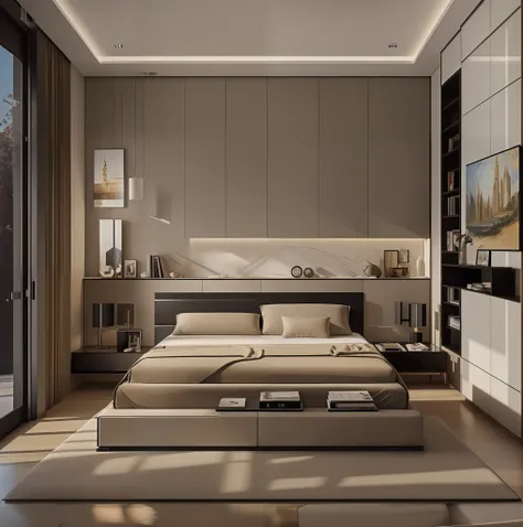 "((best quality, 8k, masterpiece :1.3)), ((minimalist bedroom with 1 abtract poster on head bed)), by japandi style, cinematic l...