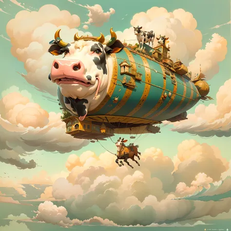 (((melhor qualidade)) cow-shaped airship (((cow flying in the sky))), sky with fluffy clouds, sharp foccus ilustration, finely d...