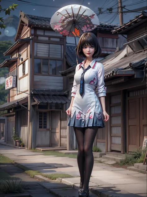 {((1 woman))}, {((wearing school suit with red skewer with tie, short black skirt, white stockings)), ((extremely large breasts)), ((very short black hair, blue eyes)) looking at the viewer, smiling, very happy, ((exhibitionist pose leaning back)), ((in an...