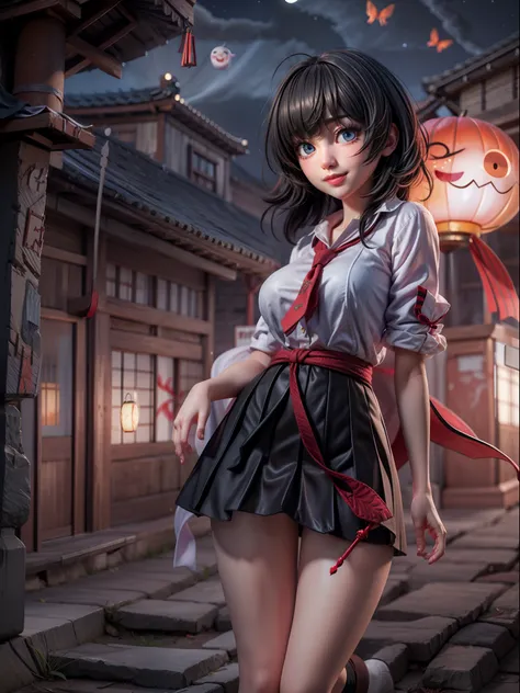 {((1 woman))}, {((wearing school suit with red skewer with tie, short black skirt, white stockings)), ((extremely large breasts)), ((very short black hair, blue eyes)) looking at the viewer, smiling, very happy, ((exhibitionist pose leaning back)), ((in an...