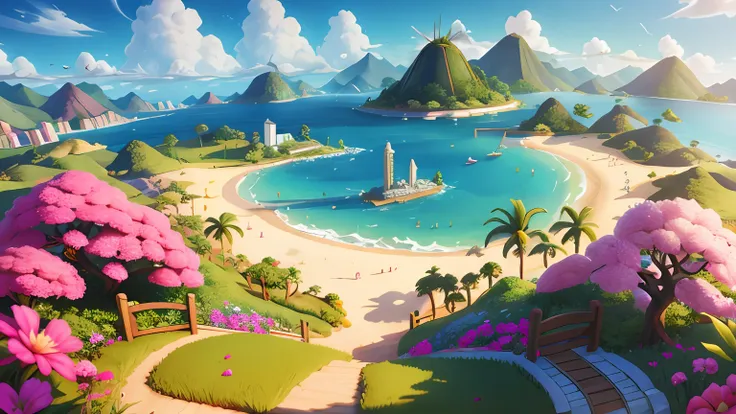 mapa da barbie para jogo fortnite, mapa rosa, mapa cor-de-rosa, flores, oceano, ilha, rio, architectural design of the game, cid...