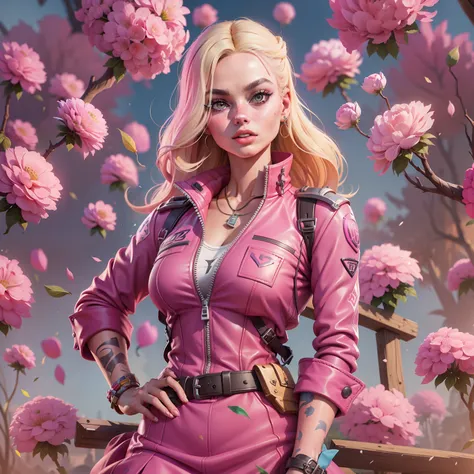 margot robbie as barbie in the fortnite game aesthetics, verstindo um vestido rosa com renda e babadinhos, sapatos de salto alto...