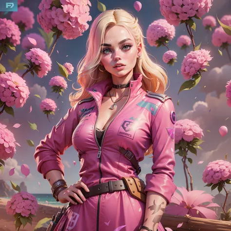 margot robbie as barbie in the fortnite game aesthetics, verstindo um vestido rosa com renda e babadinhos, sapatos de salto alto...