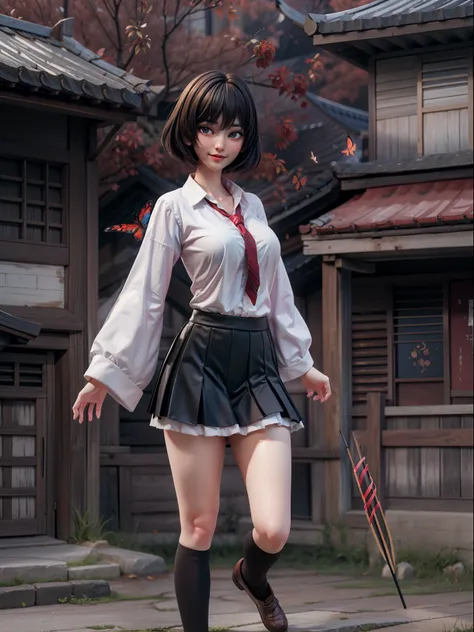 {((1 woman))}, {((wearing school suit with red skewer with tie, short black skirt, white stockings)), ((extremely large breasts)), ((very short black hair, blue eyes)) looking at the viewer, smiling, very happy, ((exhibitionist pose leaning back)), ((in an...