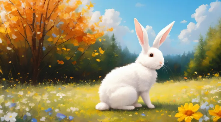 adorable fluffy rabbit with big ears, sitting on the meadow, blue sky and lush summer forest background, super cute white bunny,...