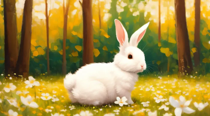 adorable fluffy rabbit with big ears, sitting on the meadow, blue sky and lush summer forest background, super cute white bunny,...