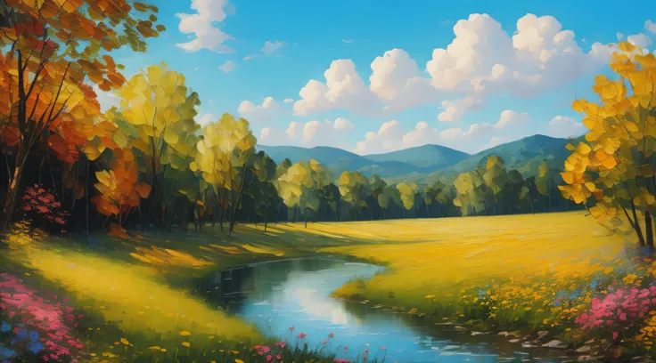 blue sky, stream, sunshine, summer meadow, trees, forest, oil on canvas, oil painting, bright, sunny, colorful, summer day, ethe...