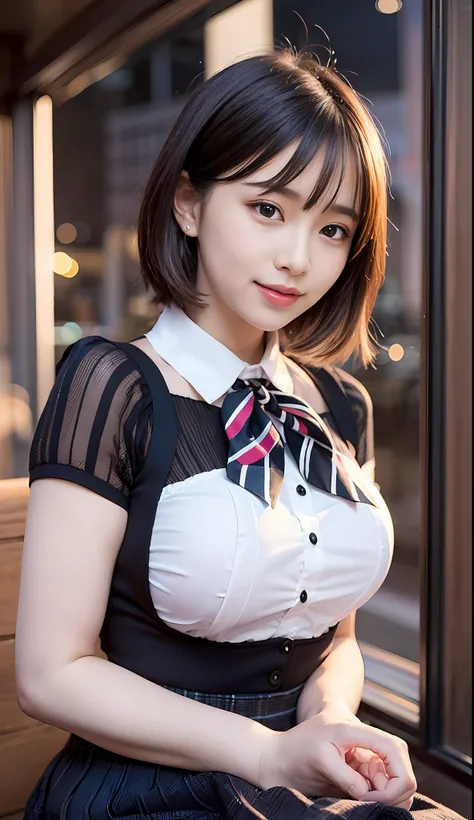 (8k, RAW photo, best quality, masterpiece:1.2), (realistic, photo-realistic:1.37), ultra-detailed,
1 girl,cute, solo,beautiful detailed sky,detailed cafe,night,sitting,dating,(nose blush),(smile:1.1),(closed mouth),large breasts, seductive smile, large apa...