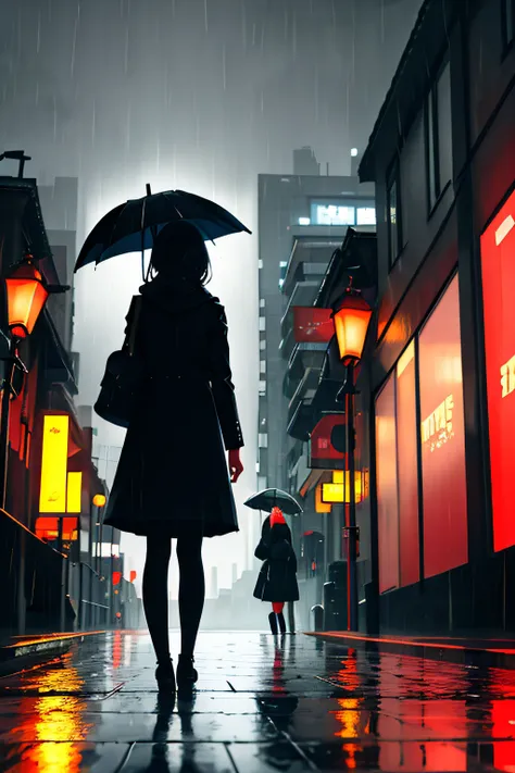 masterpiece,best quality,1girl, city,landscape,rain,umbrella,from behind