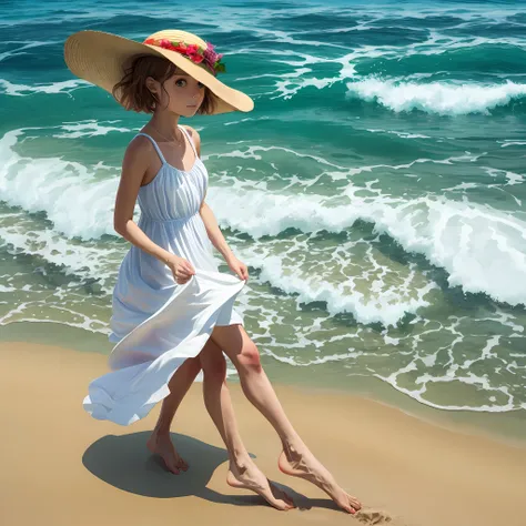 the sea，girl in white dress on the beach，yellow straw hat，barefoot