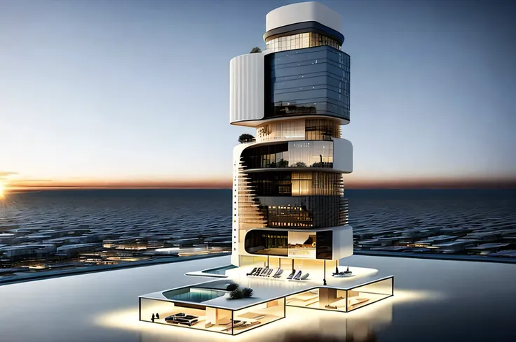 an architectural design rendering of a tall building with a led screen on top, located in lusail qatar designed by norman foster...