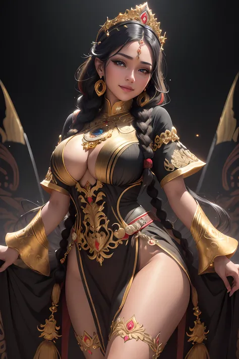 (((Indonesian))), gold crown, wax,1girl, solo, breasts, looking at the viewer, smile, large breasts, black background, jewelry, braid, black hair, straight hair, earrings, twin braids, striated hair, clothing cutout, makeup, lipstick, mole under the mouth,...