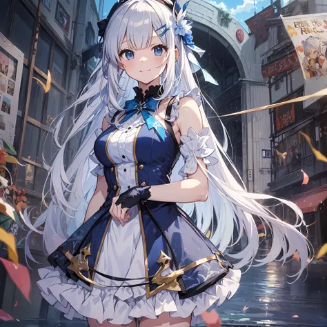 (of the highest quality、8k、masutepiece)) ((( blue and white atelier sleeveless))) (((white hair )))++　blue hair ornament　anime c...