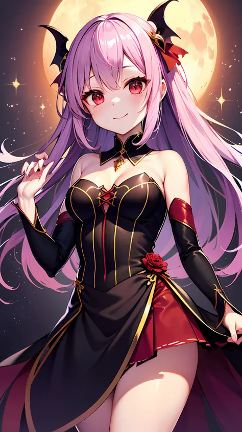 the transcendently cute vampire princess drawn in the dark side anime style is、features long hair in bright pink color。her skin ...